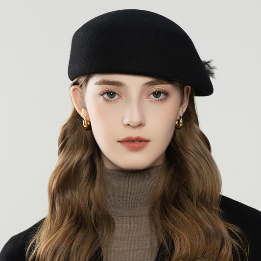 Autumn And Winter Retro Style Feather Decorative Wool Beret