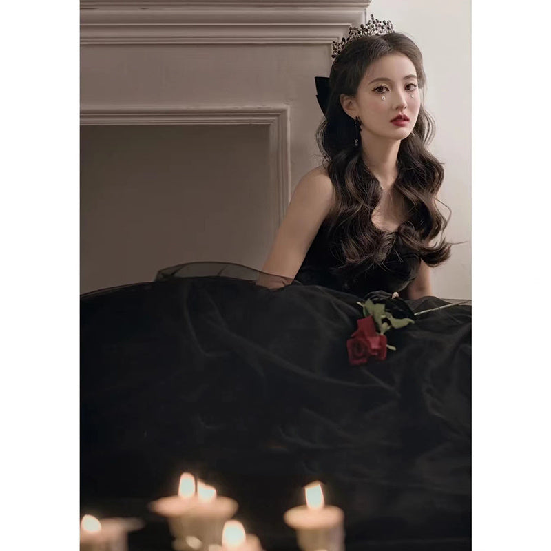 Black Evening Dress Can Wear Birthday Host Light Luxury Niche Wipe Chest Long - Enfance-Heureuse