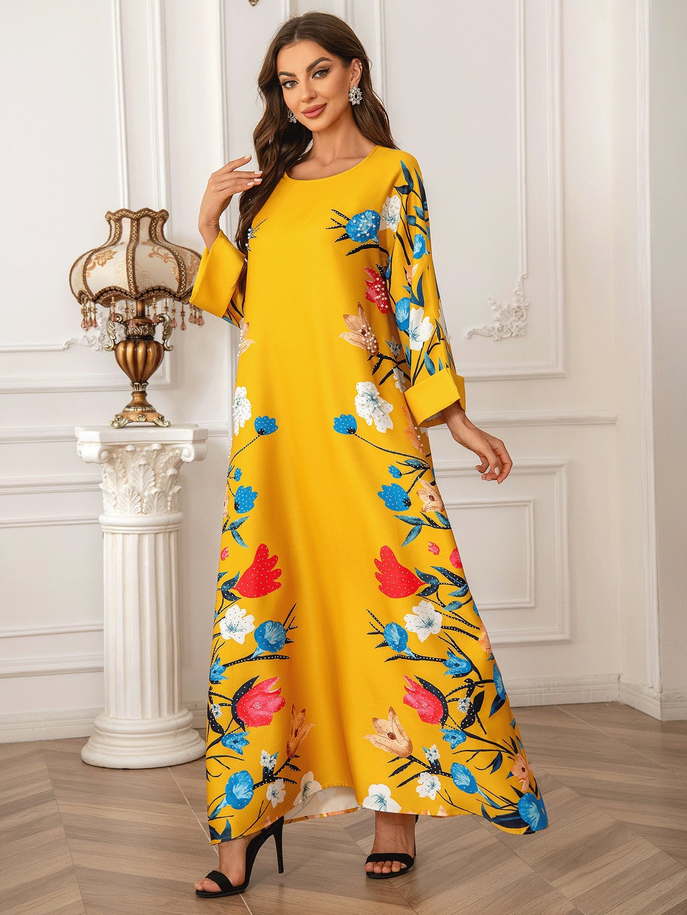 Vestido musulmán Abaya con estampado de diamantes de imitación para mujer de Dubái