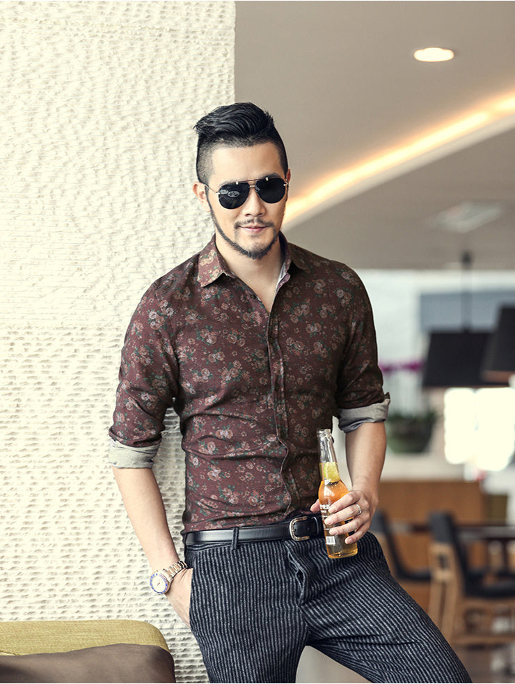 New Fashion Casual Men Shirt Long Sleeve Europe Style Slim Fit Shirt Men High Quality Cotton Floral Shirts Mens Clothes - Enfance-Heureuse