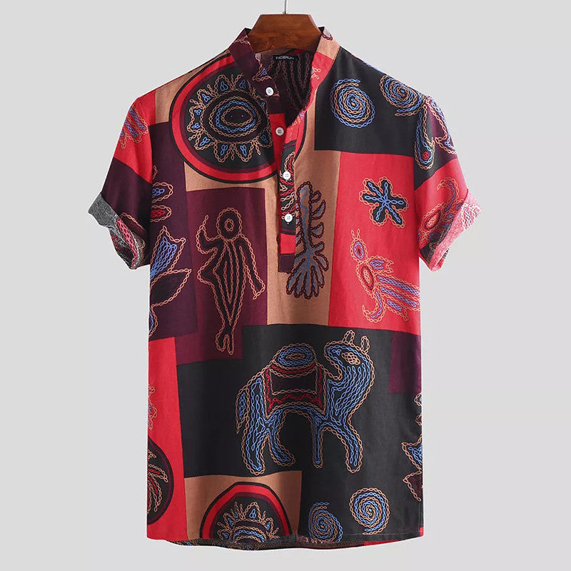 European And American Fashion Totem Print Shirt Large Size Collar Short Sleeve Top - Enfance-Heureuse