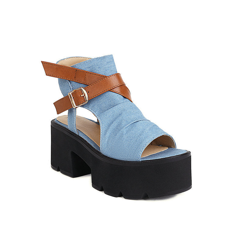 Sandales en jean pour femmes avec bride en cuir et bout ouvert