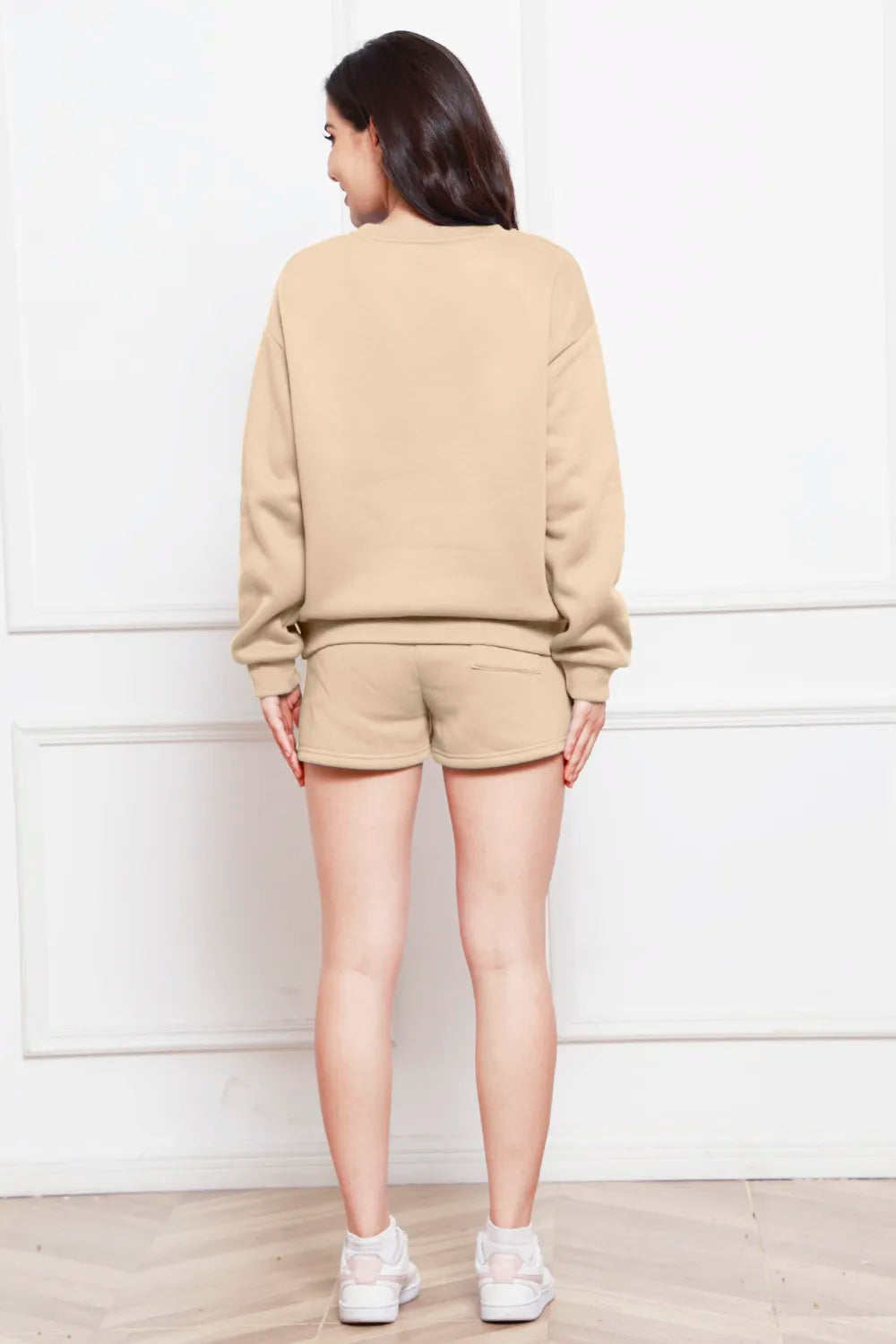 Round Neck Long Sleeve Sweatshirt and Drawstring Shorts Set - Enfance-Heureuse