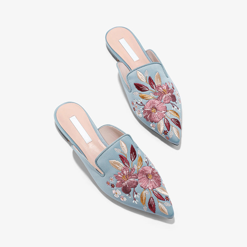 Code embroidery tipped a pedal lazy low heel women's slippers - Enfance-Heureuse