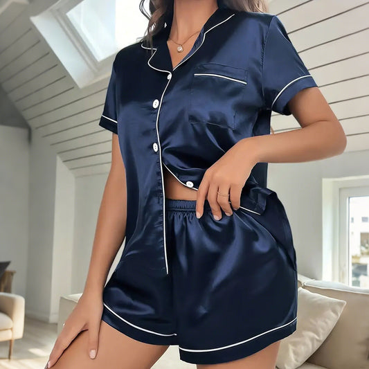 Silk-like Comfortable Breathable Cardigan Pajamas Short-sleeved Shorts Home Wear Suit - Enfance-Heureuse