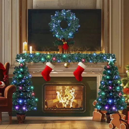 Pre-lit Optical Fiber Christmas Artificial Tree 4-Piece Set, Christmas Garland, Wreath And Set Of 2 Entrance Trees With Colorful Lights, PVC Festival Celebration Set - Enfance-Heureuse