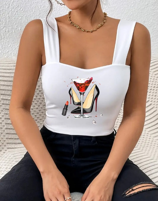 Ladies' Fashionable And Versatile Wide Shoulder Strap High Heels, Red Wine Lipstick Printed Pattern Camisole Vest - Enfance-Heureuse