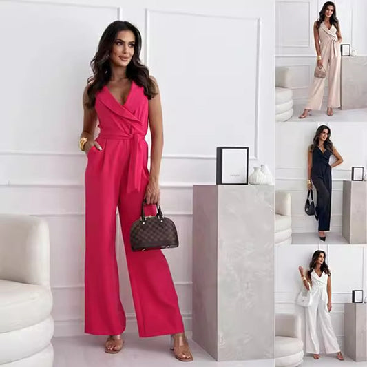 V-neck Sleeveless Jumpsuit With Belt Design Summer Fashion Trousers Women's Clothing - Enfance-Heureuse