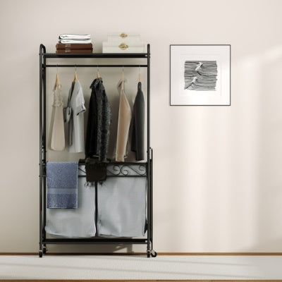 Multi Functional Laundry Hamper Organizer With Hanging Rail And Storage Shelf Rolling Laundry Cart With Wheels, Heavy Duty Metal Frame For Bathroom, Laundry Room, Or Bedroom Organization - Enfance-Heureuse