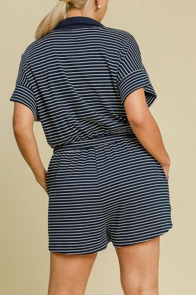 Umgee Full Size Half Zip Striped Romper Plus Size - Enfance-Heureuse