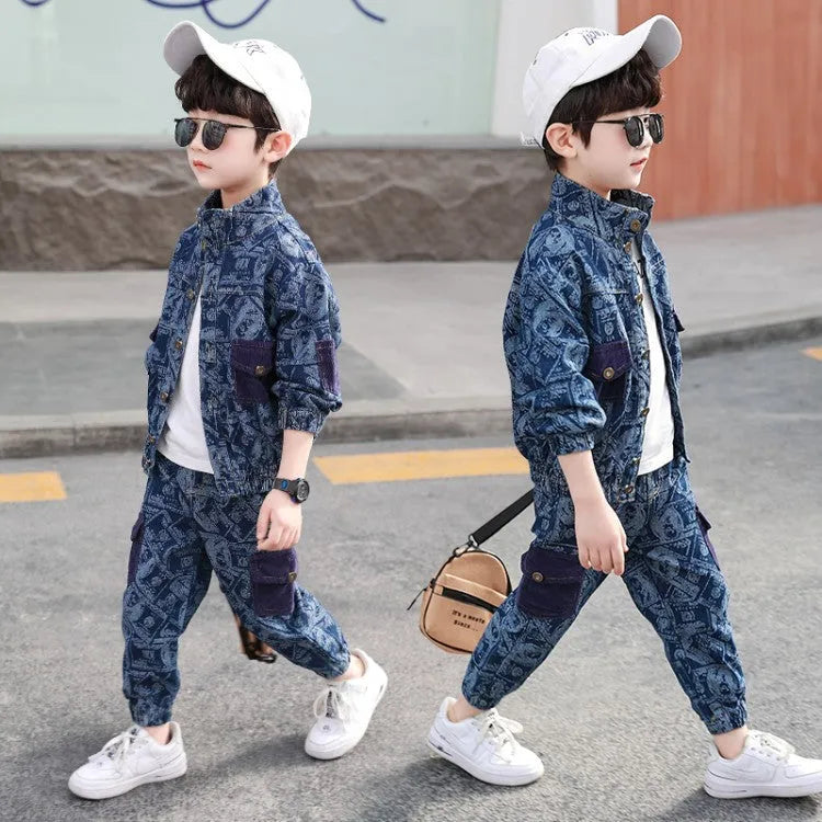 Fashion Simple Print Boy Denim Suit - Enfance-Heureuse