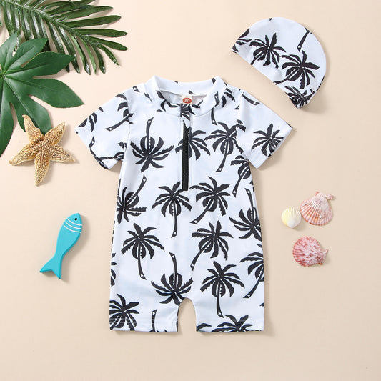 Boys' Cotton One-piece Swimsuit Cartoon Coconut Tree Printed Tape Hat - Enfance-Heureuse