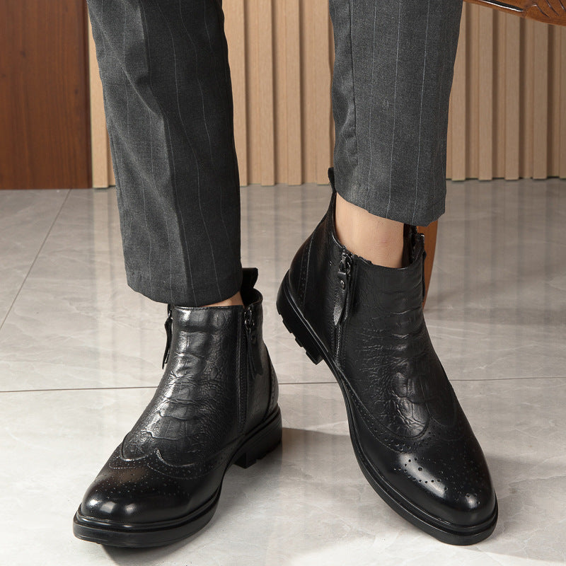 High-top Leather Shoes Height Increasing Shoes 46 Brogue Trendy Ankle Boots - Enfance-Heureuse