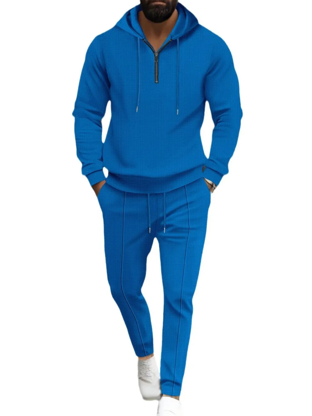 Men's Full Size Waffle-Knit Half Zipper Hoodie and Pants Set Plus Size - Enfance-Heureuse