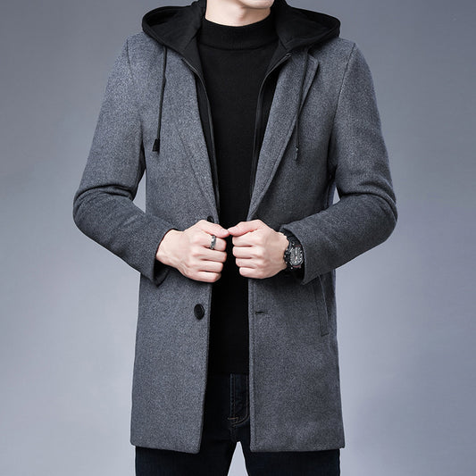 Mens Detachable Hooded Woolen Winter Coat Jacket Mid-Length Single Breasted - Enfance-Heureuse