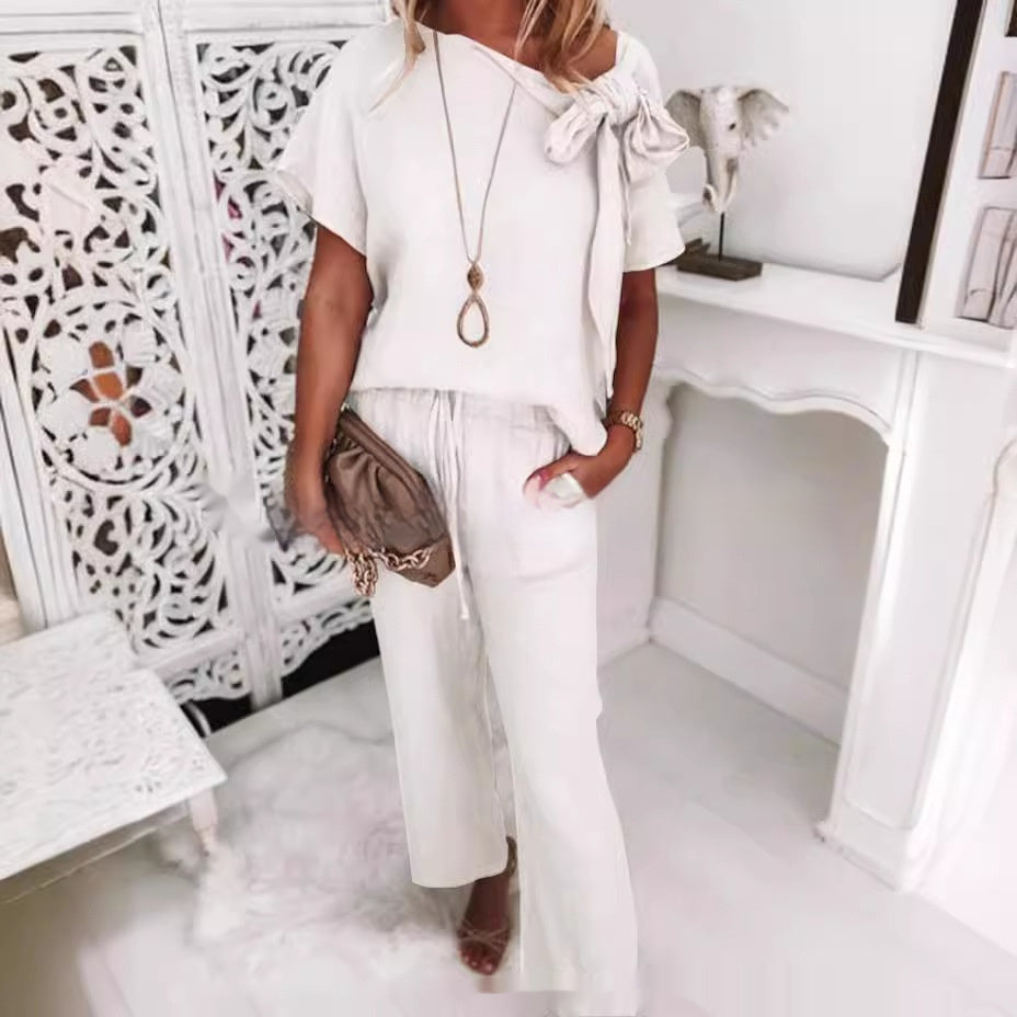 Traje de pantalón casual de algodón puro de verano para mujer