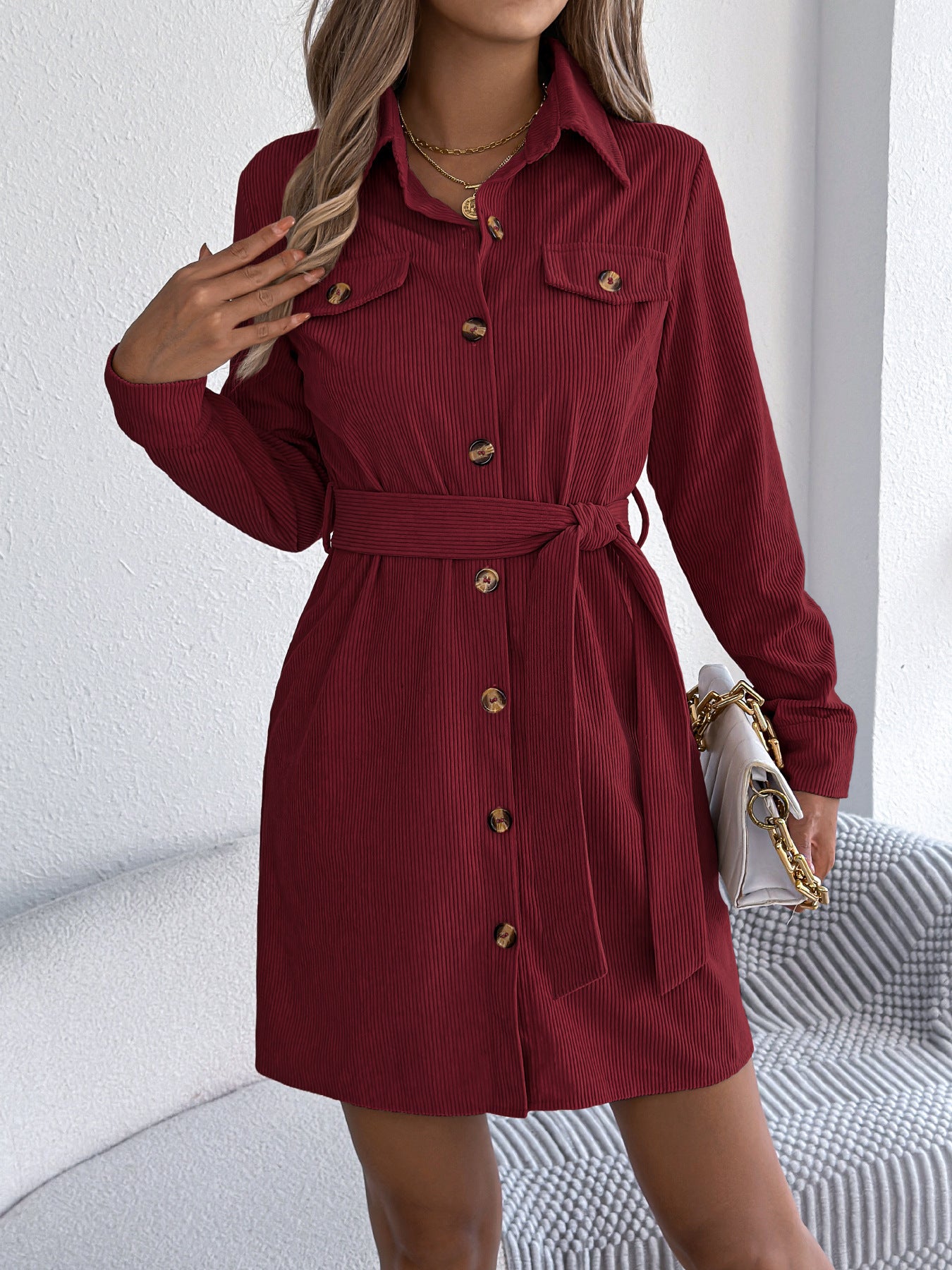 Casual Solid Color Single-breasted Long Sleeve Lace-up Corduroy Shirt Dress - Enfance-Heureuse