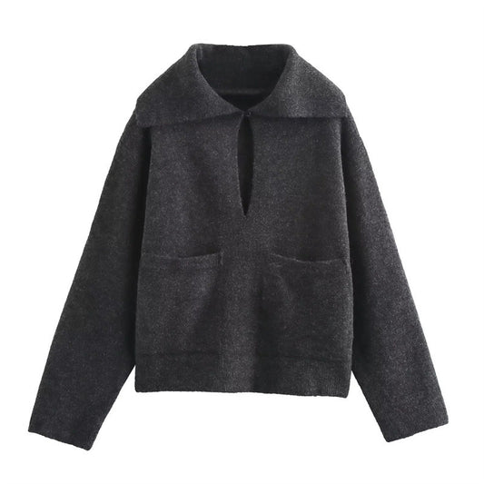 Simple Big Lapel Long Sleeve Pocket Pullover Sweater - Enfance-Heureuse