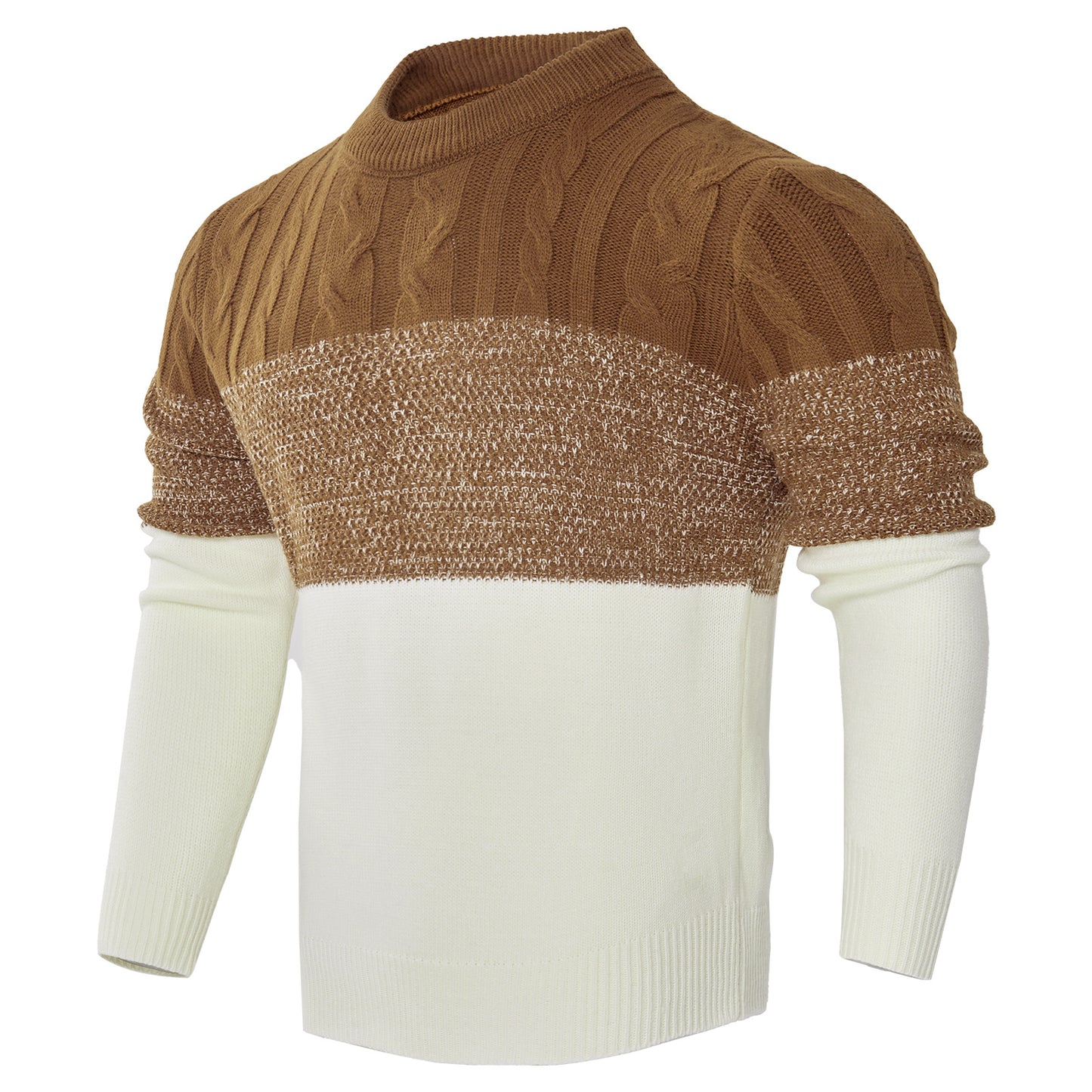 Men's Casual Color Block Long Sleeve Cable Knit Pullover Sweater - Enfance-Heureuse
