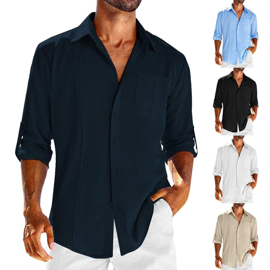 Casual Long Sleeve Shirt With Pocket Lace Polo Collar Solid Color Button Mens Clothing
