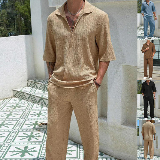 Trajes de verano para viajeros: camiseta de manga corta y pantalones rectos holgados, ropa informal para exteriores para hombre.