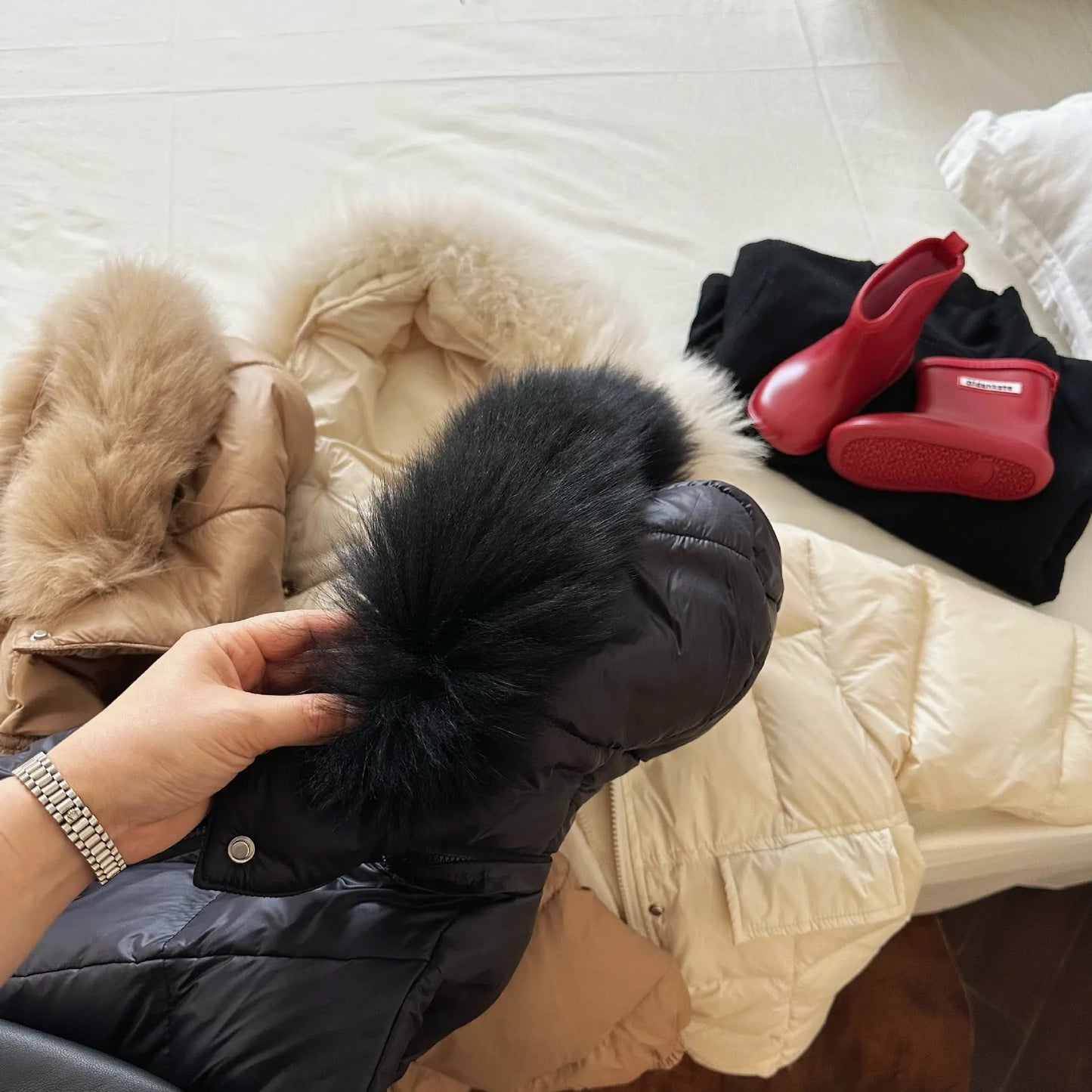 Solid Color Fur Collar Down Jacket Baby Long Section - Enfance-Heureuse