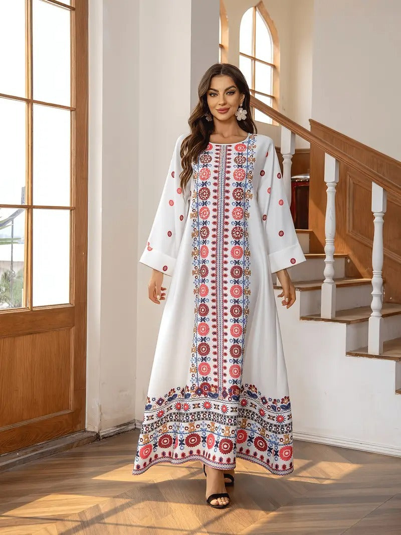 Middle Eastern Muslim Women's Rhinestone Bead Decorative Print And Rolled Up Sleeve Dress - Enfance-Heureuse