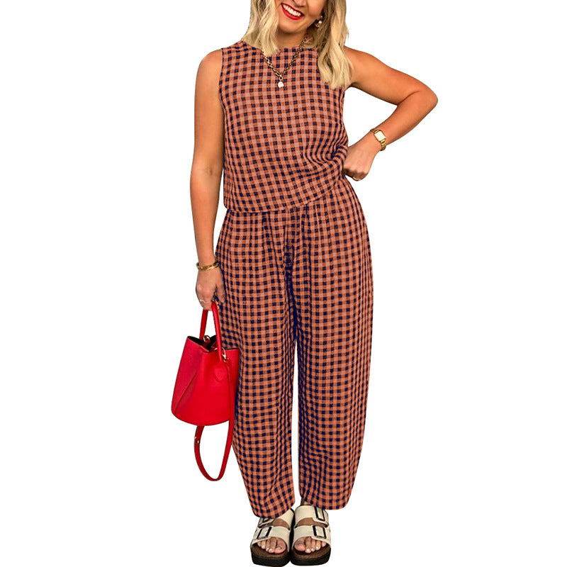 Printed Plaid Loose Casual Sleeveless Vest Pants Suit - Enfance-Heureuse