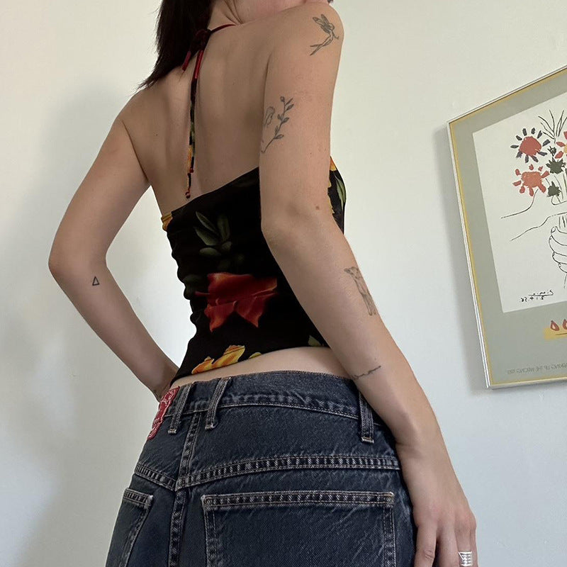 Personalized Stylish Print Slim Fit Halter Spaghetti Straps Vest Backless Hollow-out Top - Enfance-Heureuse
