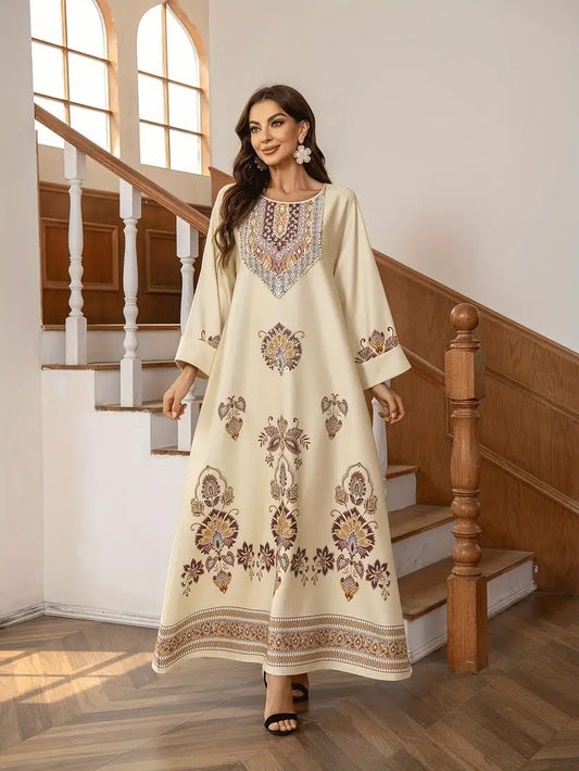 Elegant Floral Printed Abaya Middle Eastern Muslim Clothing For Women - Enfance-Heureuse