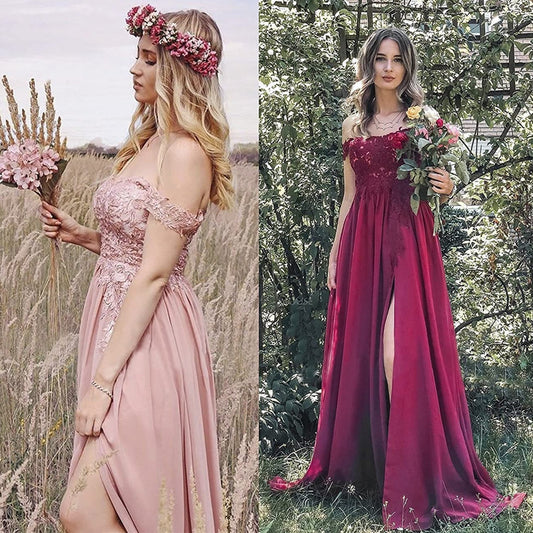 Women's Off-shoulder Shoulder-baring Long Prom Dress Slit Lace - Enfance-Heureuse