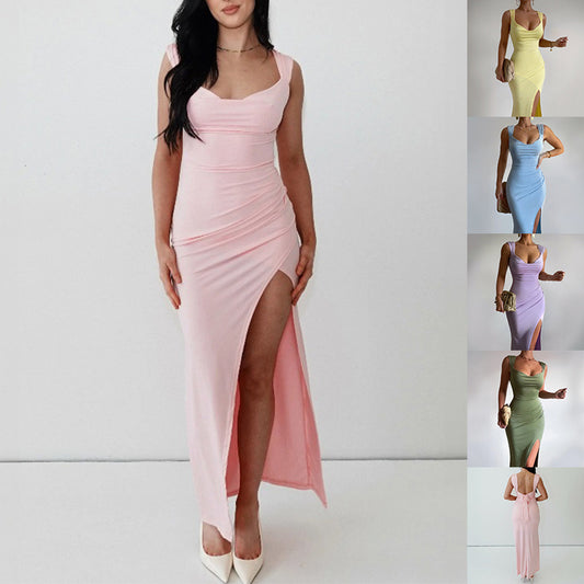Slim Sleeveless Slit Dress With Back Tie Design Fashion Temperament Dresses For Women Clothing - Enfance-Heureuse