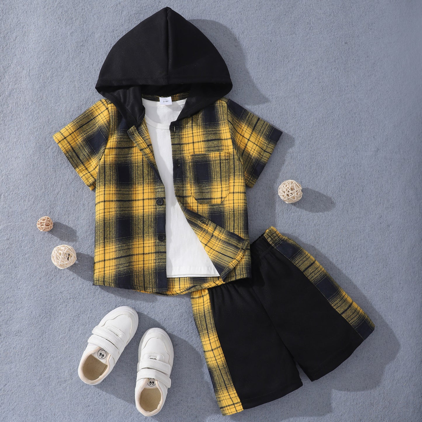 Fashion Children's Short Sleeve Hooded Plaid Suit - Enfance-Heureuse