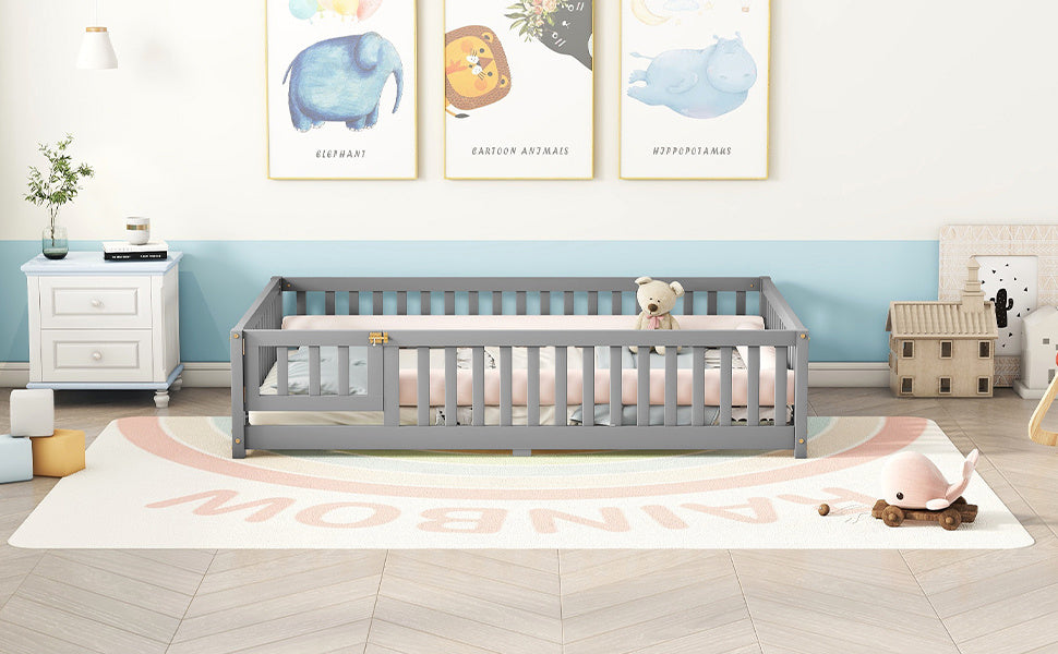 Full Size Bed Floor Bed With Safety Guardrails And Door For Kids, Gray - Enfance-Heureuse