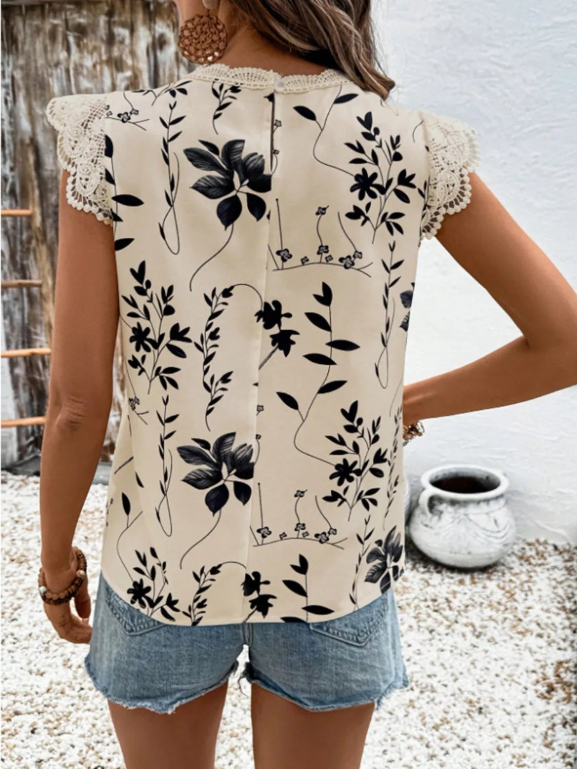 Lace Detail Printed Cap Sleeve Blouse - Enfance-Heureuse