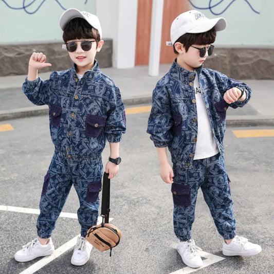 Fashion Simple Print Boy Denim Suit - Enfance-Heureuse