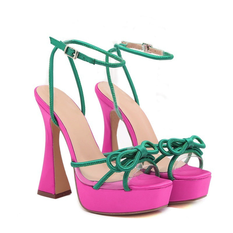 Bright Color-blocking Bow Thick-soled Buckle Chunky High Heels - Enfance-Heureuse
