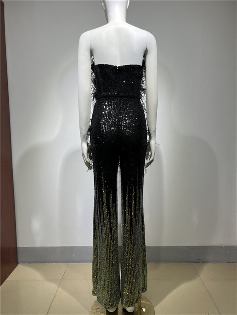 Ostrich Feather Gradient Sequin Tube Top Jumpsuit - Enfance-Heureuse