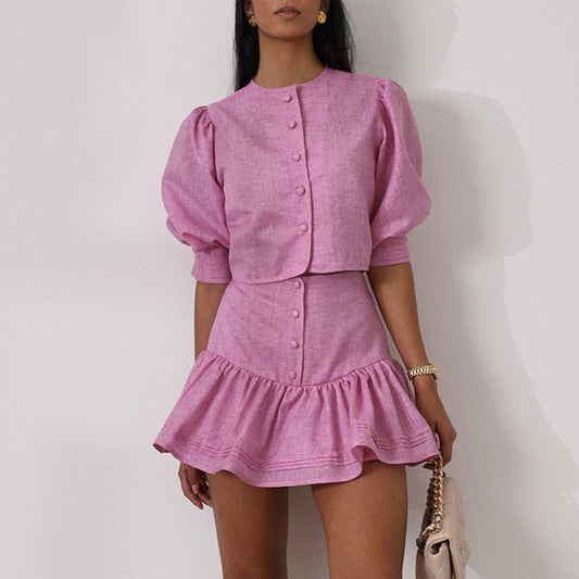 Puff Sleeve Short Top Patchwork A- Line Skirt Two-piece Set - Enfance-Heureuse