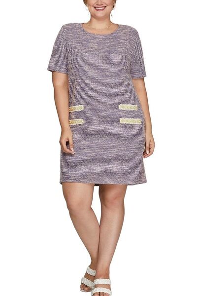 She + Sky Full Size Short Sleeve Pearl Studded Trim Knit Tweed Dress Plus Size - Enfance-Heureuse