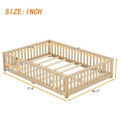 Full Size Bed Floor Bed With Safety Guardrails And Door For Kids, Natural - Enfance-Heureuse