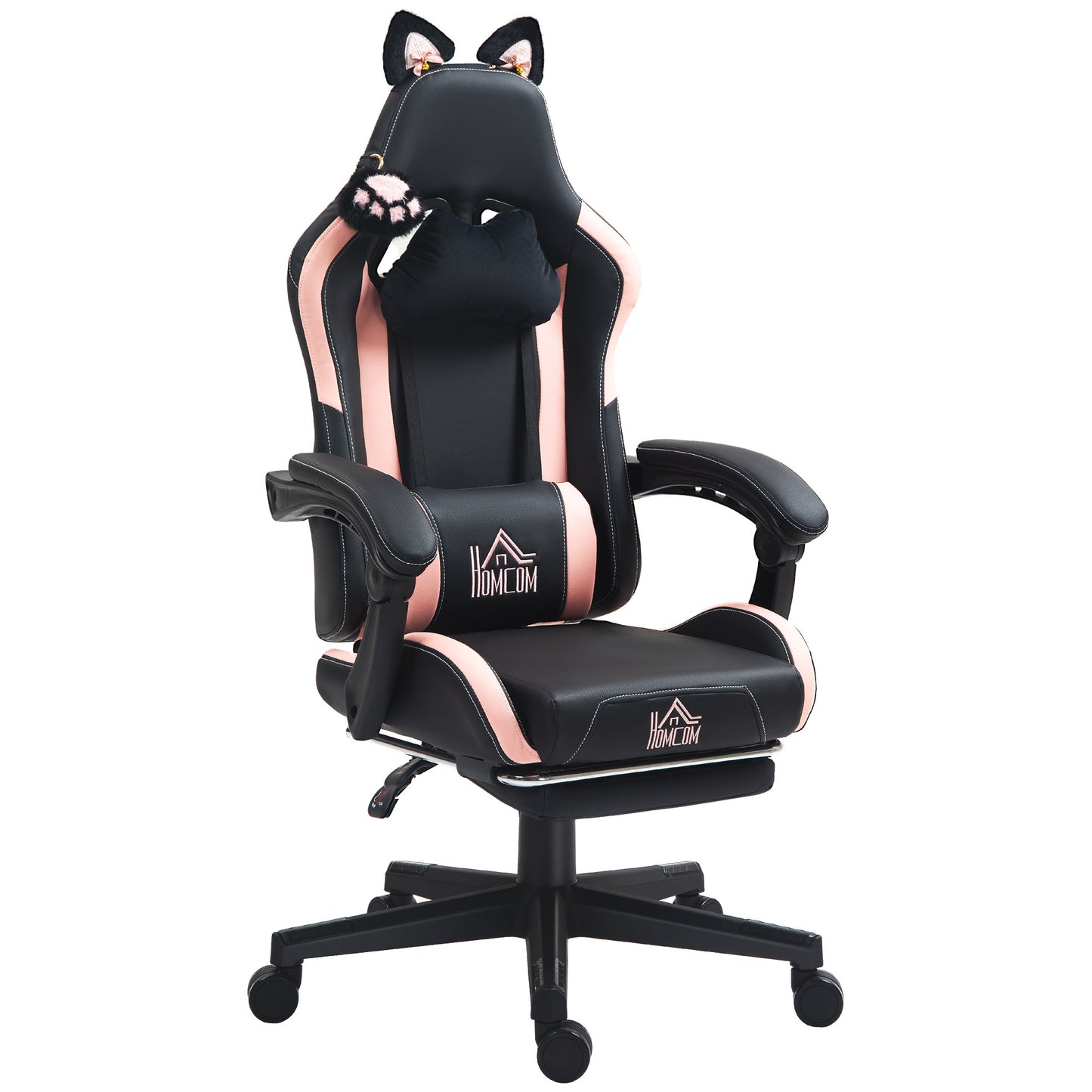 Bonita silla gamer de carreras, de piel sintética, con reposapiés, reposacabezas y soporte lumbar, color negro.
