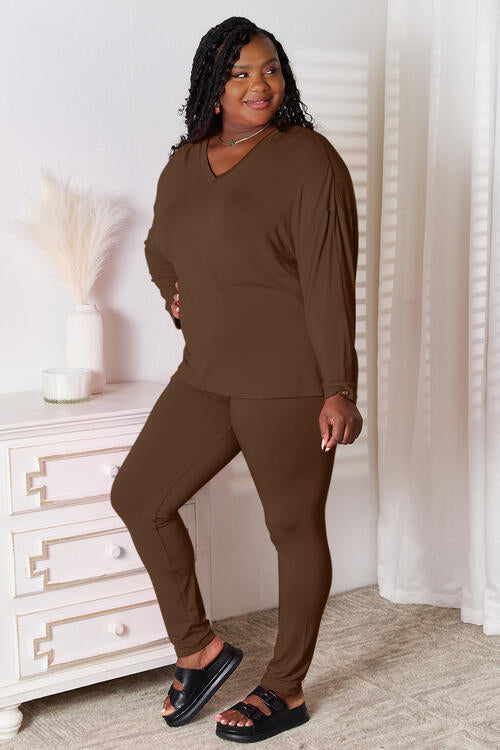 Basic Bae Full Size V-Neck Soft Rayon Long Sleeve Top and Pants Lounge Set - Enfance-Heureuse