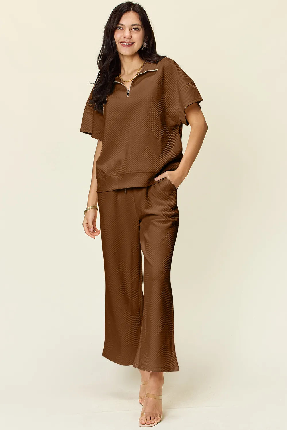 Double Take Full Size Texture Half Zip Short Sleeve Top and Pants Set - Enfance-Heureuse