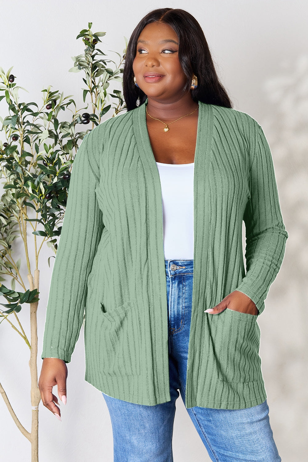 Basic Bae Full Size Ribbed Open Front Cardigan with Pockets - Enfance-Heureuse
