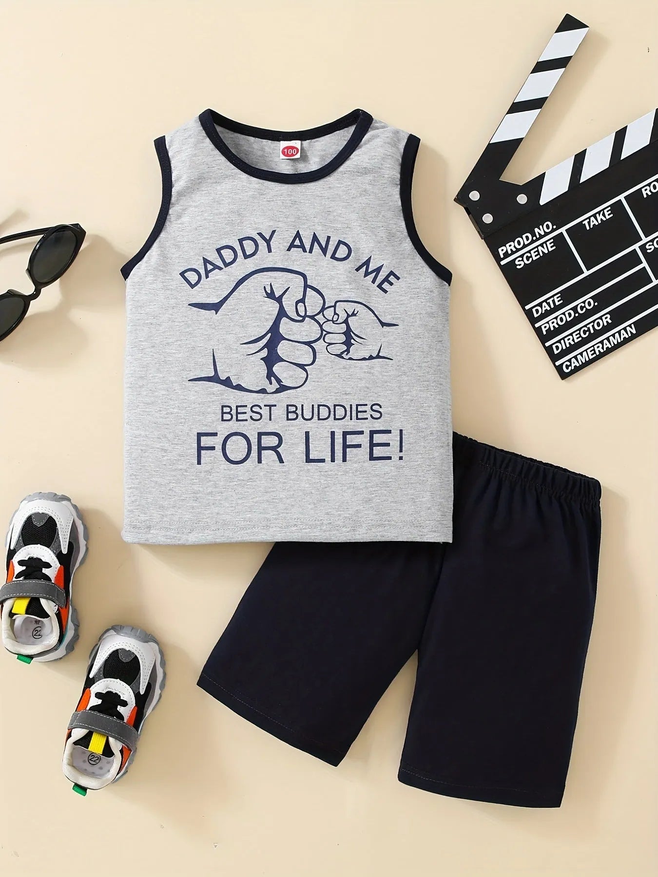 Summer Trendy Boys Letter Fist Print Sleeveless Casual Pants Suit - Enfance-Heureuse