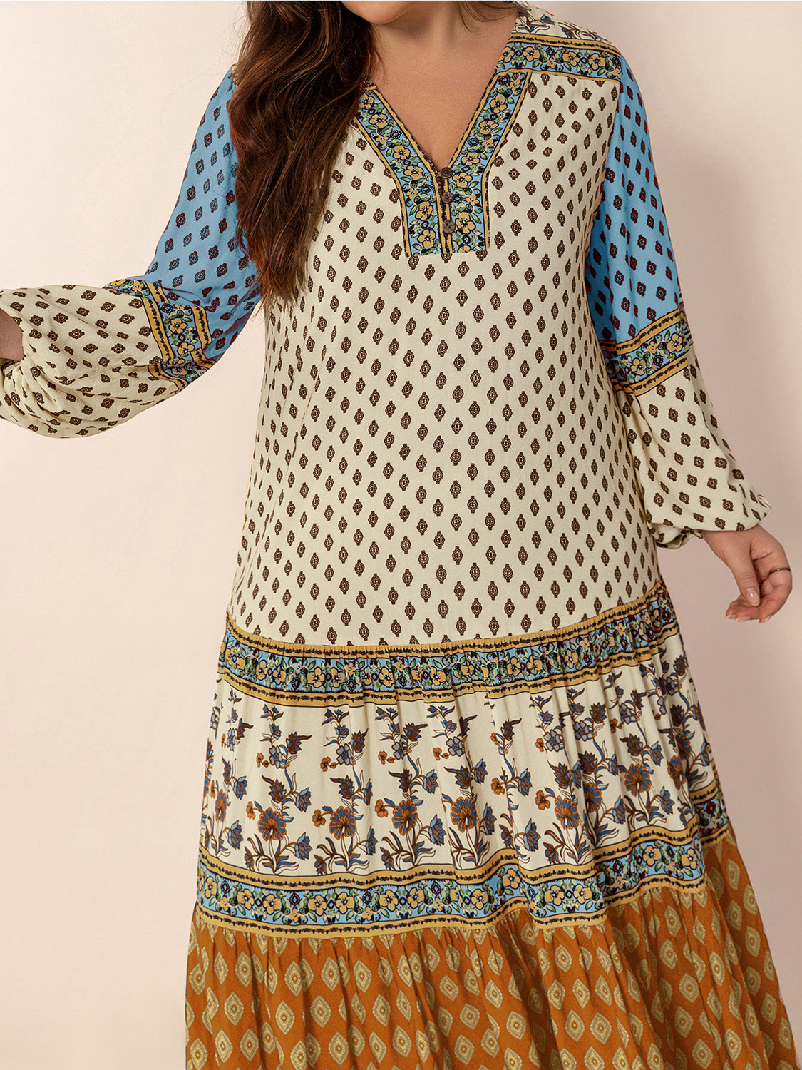 Robe longue imprimée grande taille à col en V et manches ballon