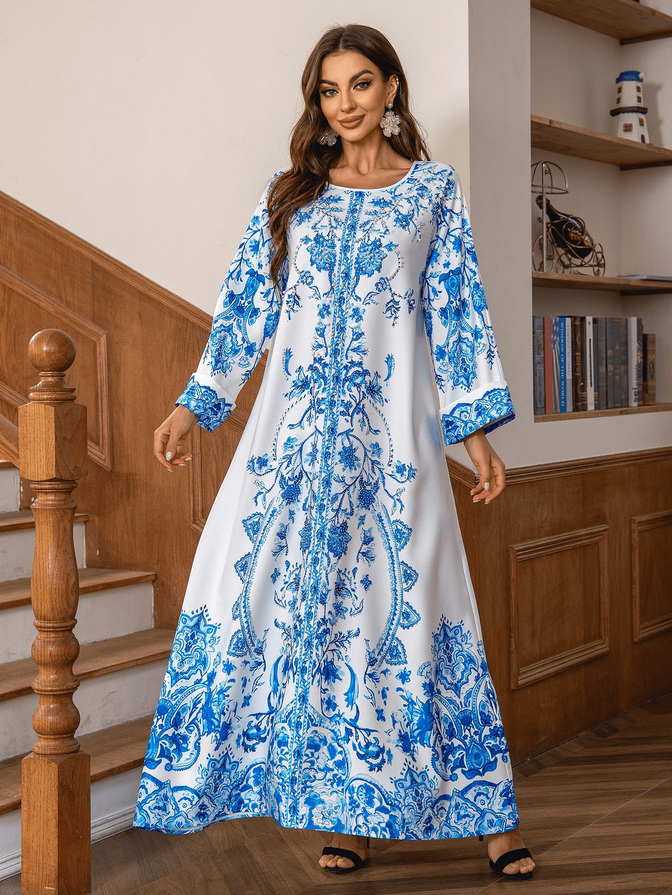 Muslim Robe Diamond Studded Bead Round Neck Dress - Enfance-Heureuse