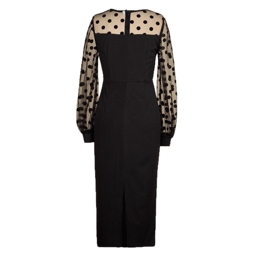 Vestido de mujer de manga larga con escote en V y diseño de patchwork de malla de lunares