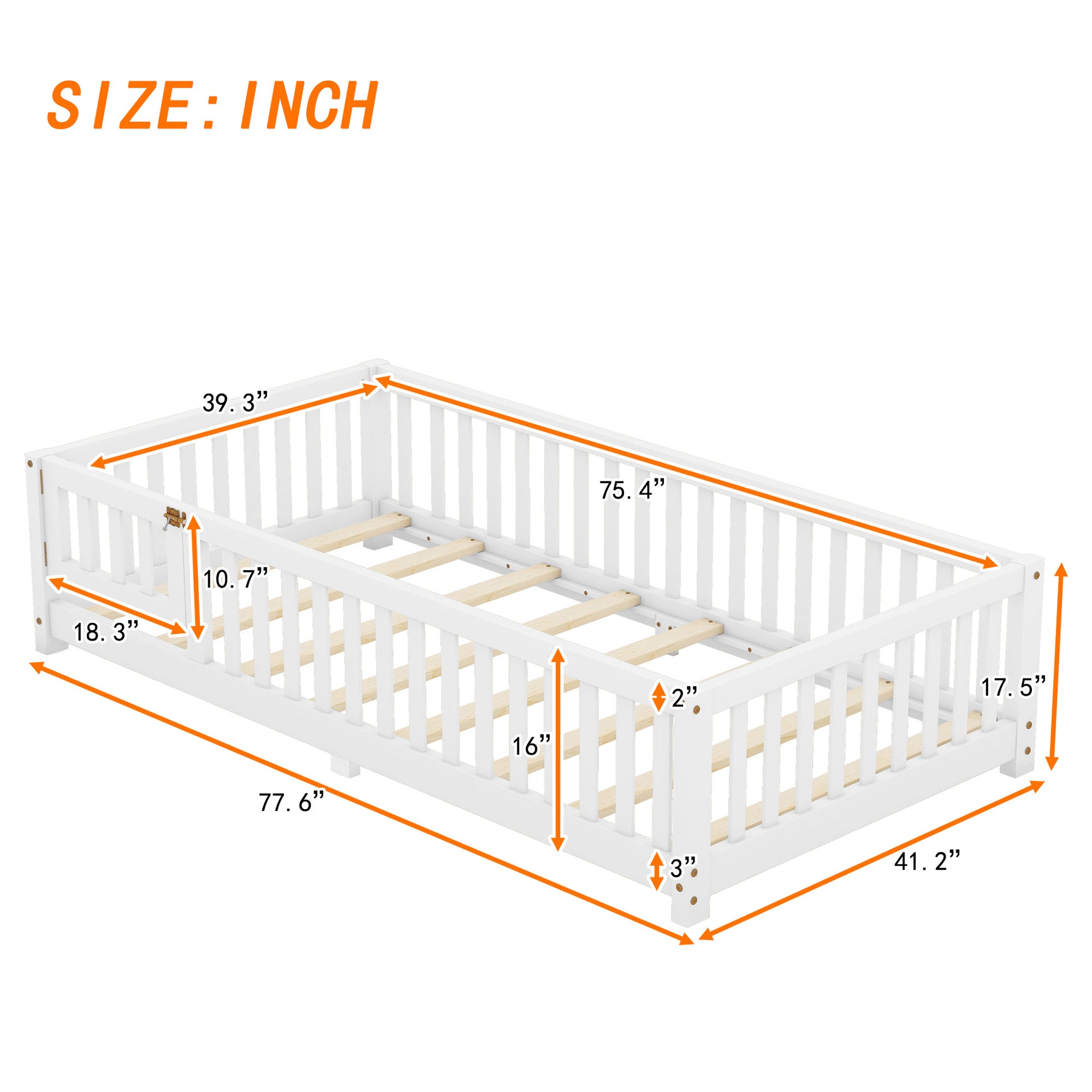 Twin Size Bed Floor Bed With Safety Guardrails And Door For Kids, White - Enfance-Heureuse